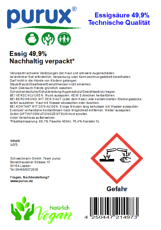 Essig 50% statt 60% Essigsäure Essigessenz 5 l nachhaltig verpackt