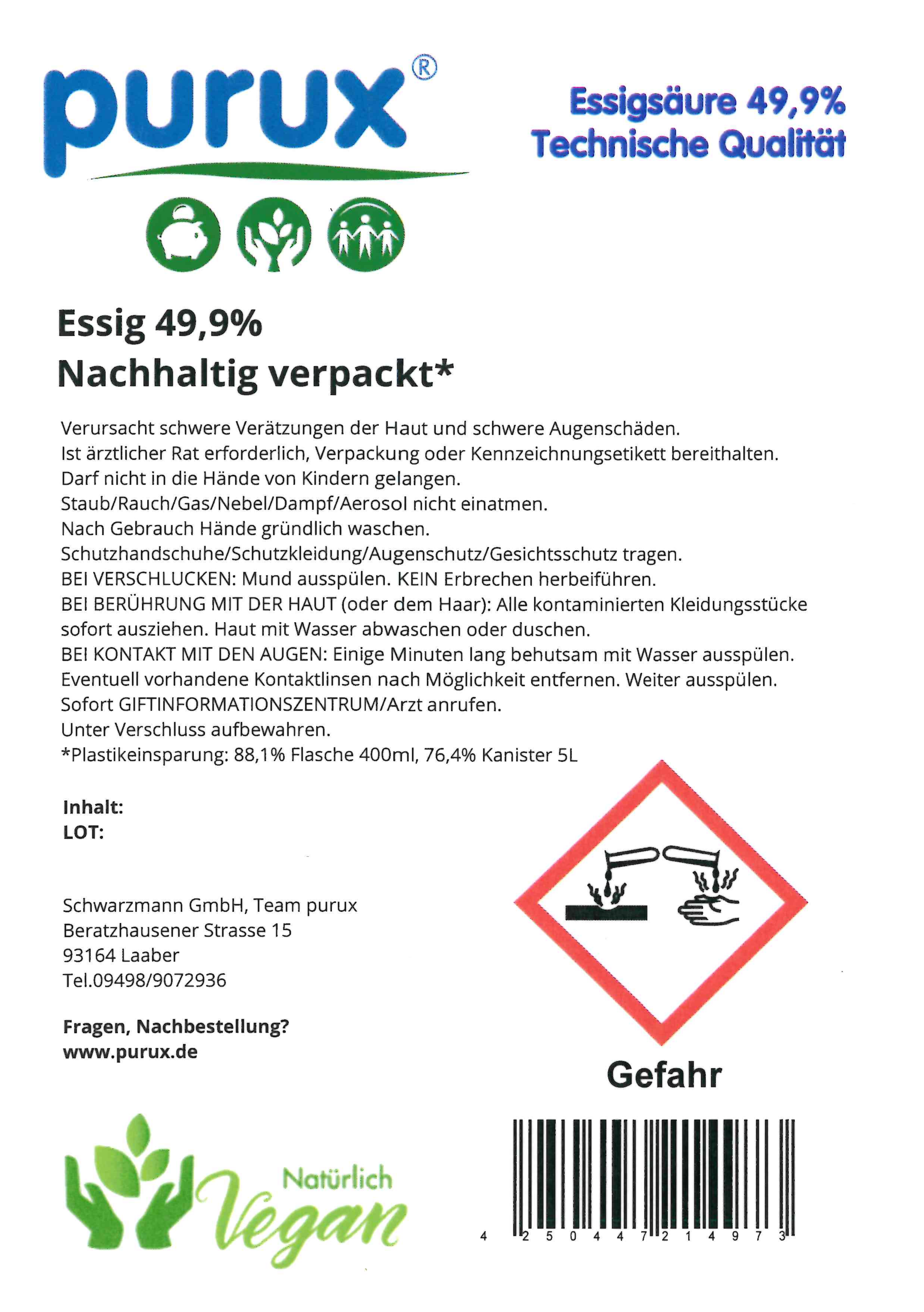 Essig 50% statt 60% Essigsäure Essigessenz 10 l nachhaltig 